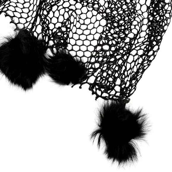 Black Mesh Scarf Fur Pom Pom Evening Shawl Fishnet Wrap - Picture 5 of 9